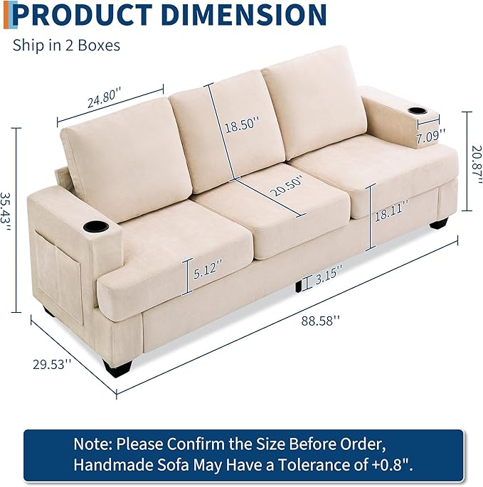 GarveeHome Modern 89 in 3-Seater Sofa for Living Room Comfy Couches with Deep Seat Chenille Couch with Cup Holders and Side Storage Pockets for Apartment Lounge Beige