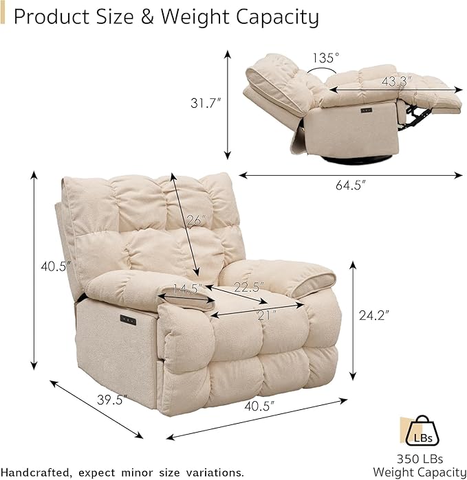 SITJOY Oversized Power Swivel Rocker Recliner Chair Overstuffed Extra Wide Rocking Chair for Big and Tall Glider Recliner Nursery Chair USB Charging Soft Breathable Fabric in Beige Power