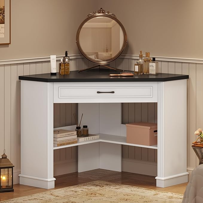 SEDETA 31.5 White Corner Desk Small Corner Desk for Small Space Farmhouse Triangle Computer Desk with Drawer and Storage for Home Office Living Room Bedroom Vanity Desk