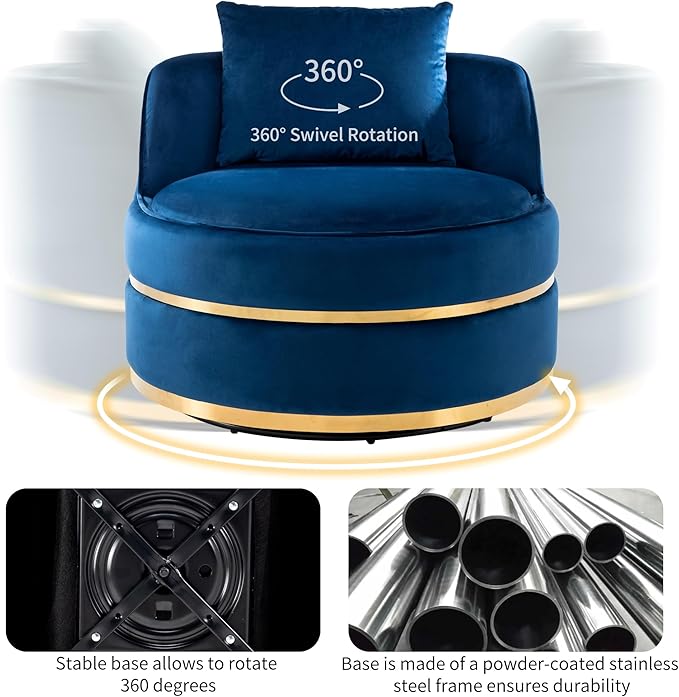 Swivel Accent ChairBedroom Barrel Chairs with Seat CushionModern 360° Velvet Fabric Circle Chair with Sturdy Frame and Stainless Steel Base for Living Room(Blue)