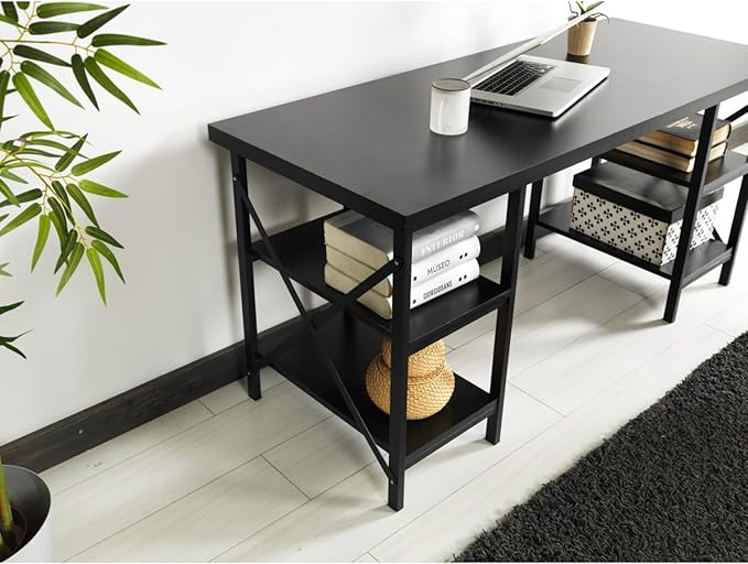 Furnish Home Store Buket Metal Frame 60 Extra Wide Wood 4 Shelves Writing and Computer Desk for Home Office Black Solid Wood Black 4 Shelves Home Office Durable