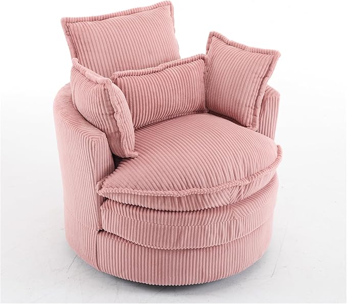 Karl home Swivel Accent Barrel Chair Single Sofa with 3 Pillows 360 Degree Modern Lounge Armchair Chair Comfy Round Reading Chair Corduroy Armchair for Living Room Bedroom Lounge Pink