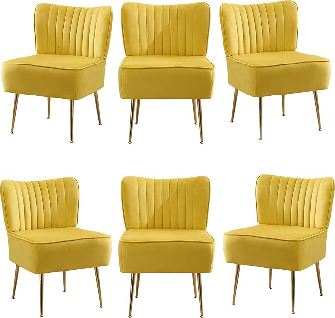 Velvet Accent Chairs Set of 6Modern Armless Living Room ChairsUpholstered Wingback Sliper Chair Single Sofa Chair with Golden LegsSmall Corner Chair for BedroomGuest RoomYellow