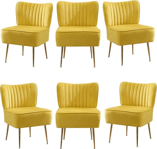 Velvet Accent Chairs Set of 6Modern Armless Living Room ChairsUpholstered Wingback Sliper Chair Single Sofa Chair with Golden LegsSmall Corner Chair for BedroomGuest RoomYellow
