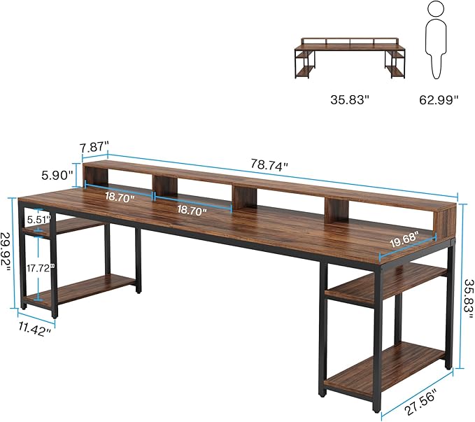 Tribesigns Two Person Desk with Monitor Stand 78.74 Long Double Computer Office Desk with Storage Shelves Large Gaming Study Writing Table Workstation for Home Office (Rustic Brown)