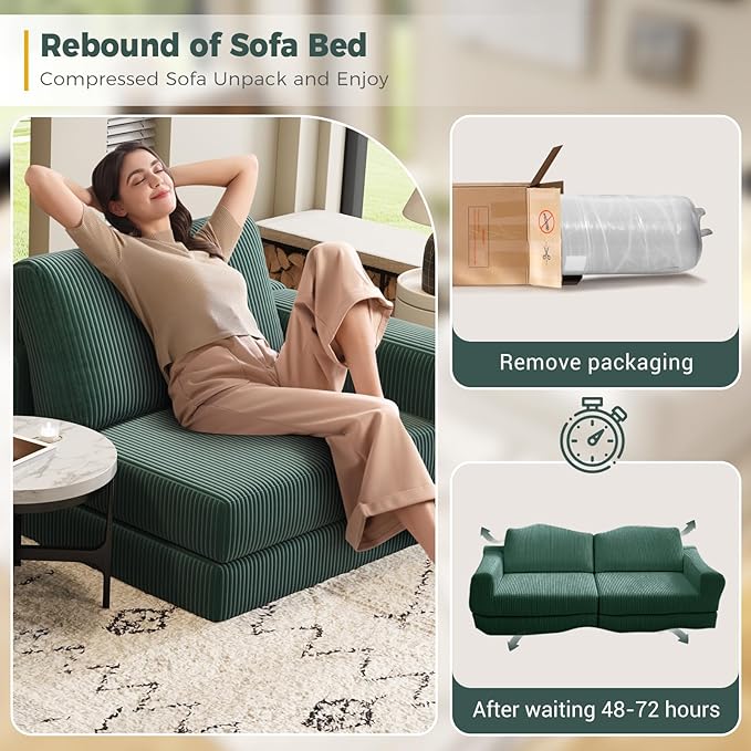 78 Convertible Loveseat Sofa Comfort Corduroy Futon Sofa Bed Wide Armrest Deep Seat No Assembly Folding Sofa Bed for Living Room/Home Office/Apartment (Green Loveseat)