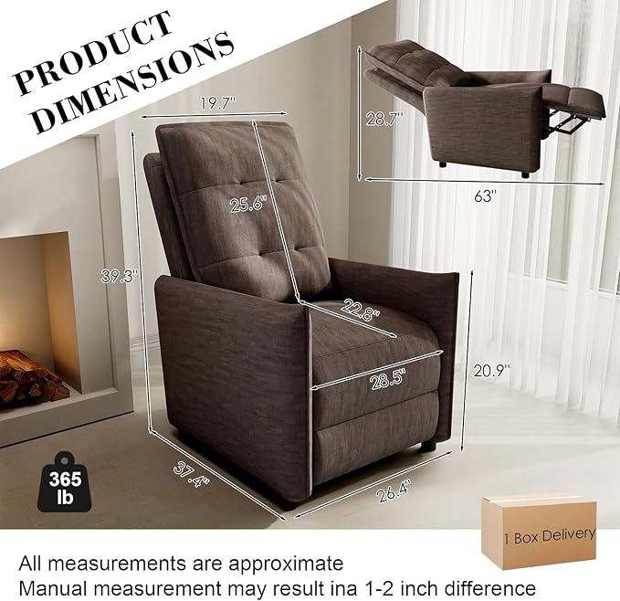 Chenille Fabric Recliner Chair for Adults - Manual Push Back Reclining Sofa with Sturdy Metal Frame Overstuffed High-Density Foam Adjustable Footrest for Living Room Home Theater (Brown)