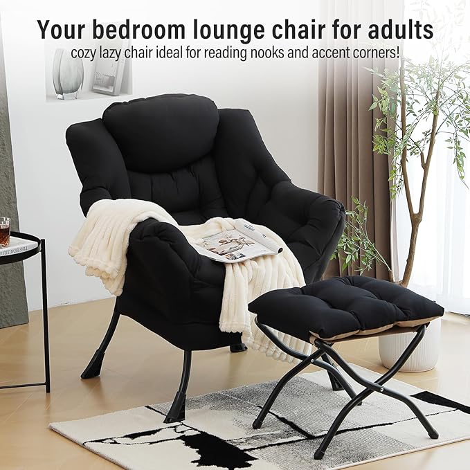 Lazy Chair with Ottoman Modern Accent Chair with Armrests and a Side Pocket Black Accent Chairs Reading Chairs Oversized Armchairs for Bedroom Study Living Room Courtyard