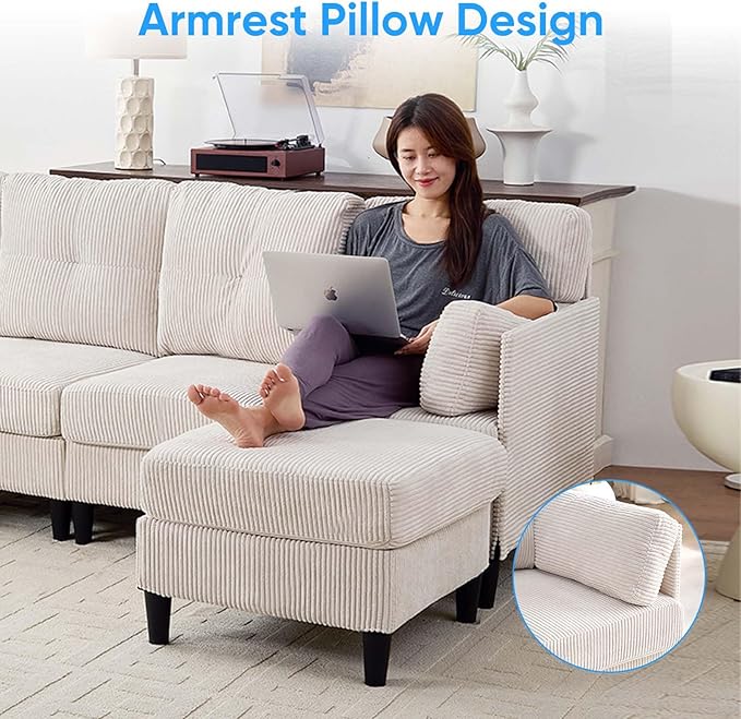 Mjkone Sectional Couch Sofa with Ottoman U Shape Sofa for Living Room Corduroy Convertrible Couches with Double Chaises 6 Seater Sofas for Living Room/Home Office/Guest (Beige)