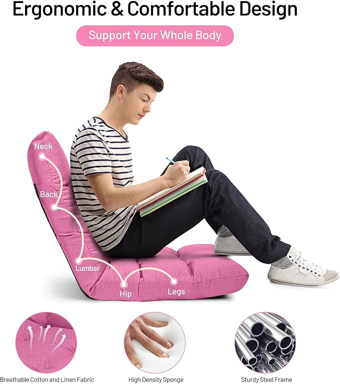 Giantex Floor Sofa Chair Video Gaming Chair with 14 Adjustable Position Padded Back Support Floor Cushioned Seat Folding Lazy Chair for Meditation Reading Watching Living Room Recliner(Pink)