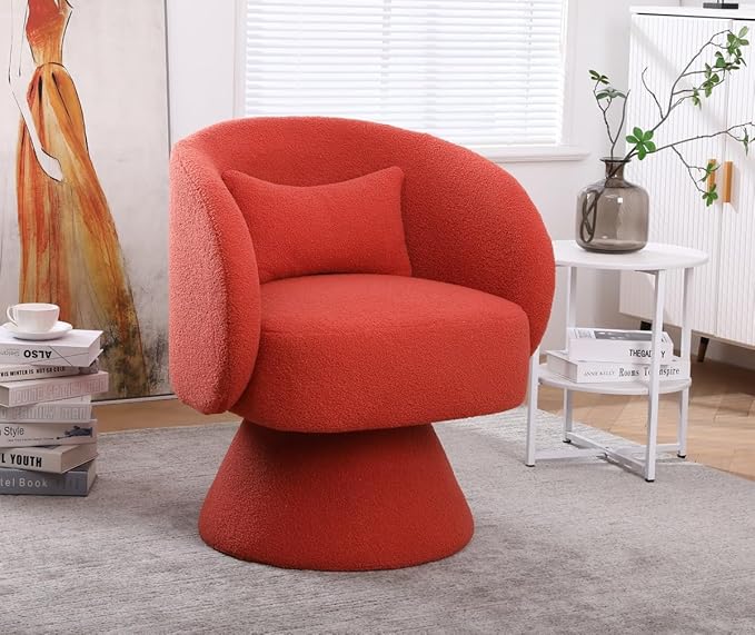 Swivel Accent Chair Swivel Barrel Chair with Pillow 360 Degree Swivel Armchair Round Club Chair for Living Room Bedroom Office Lounge (Orange + Faux Fur)