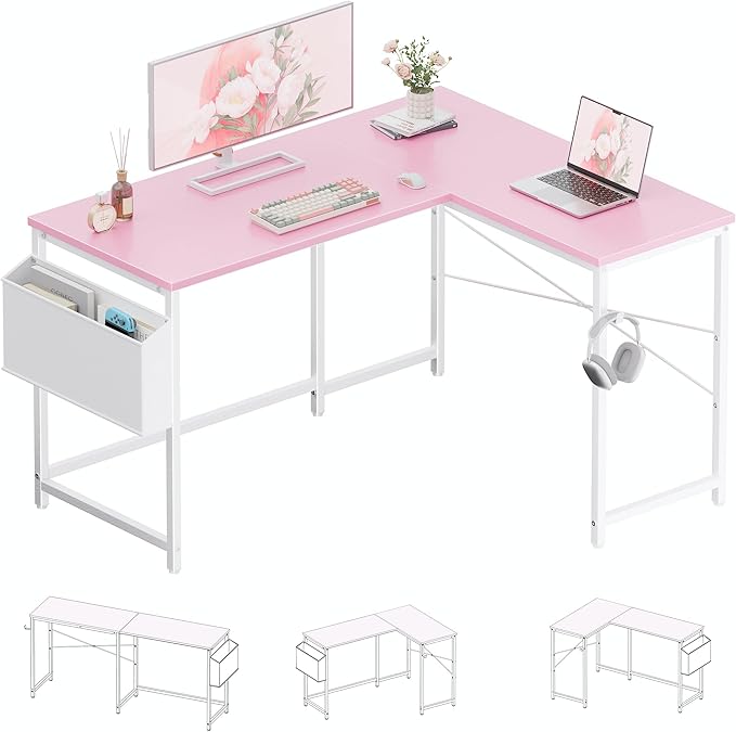 Pamray 47 Inch Reversible L Shaped Gaming Desk Corner Computer Desk with Storage Bag Home Office Table for Writing Study Pink