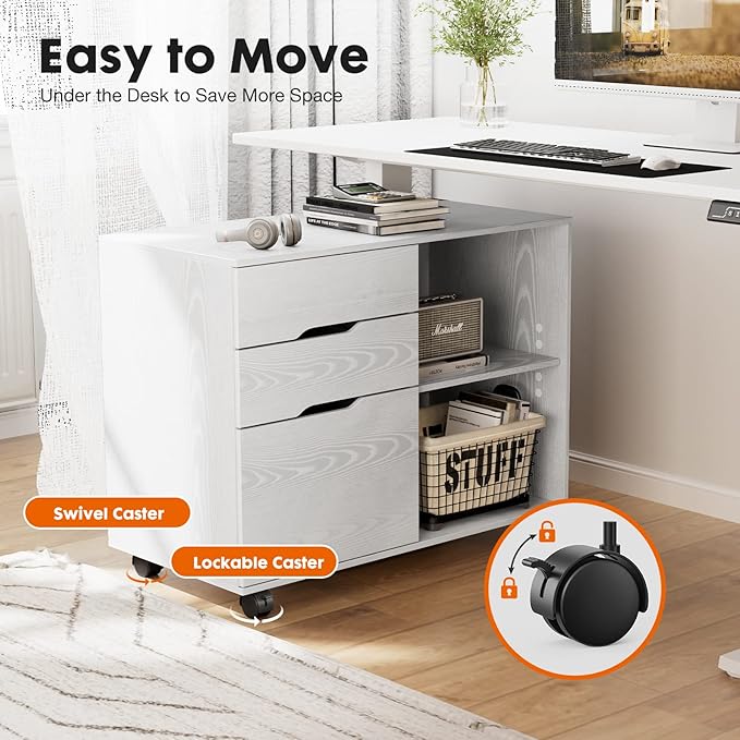 File Cabinet with 3 Drawers Mobile Lateral Filing Cabinet with Open Storage Shelves for Home Office Under Desk Storage White