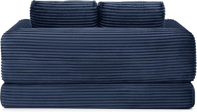 63 Corduroy Boneless Couch 2-Seater Compression Sofa with 2 Throw Pillows No Assembly Required Comfy Loveseat Sofa in a Box Modern Couches for Living Room (Blue 63 inch &amp Pull-Out Bed) | Bre