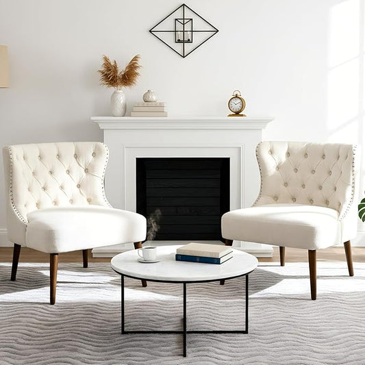 chairus Tufted Slipper Accent Chairs Set of 2 Linen Upholstered Armless Living Room Chairs with Nailhead Trim Mid-Century Modern Wingback Side Chairs for Bedroom Office Reception Beige