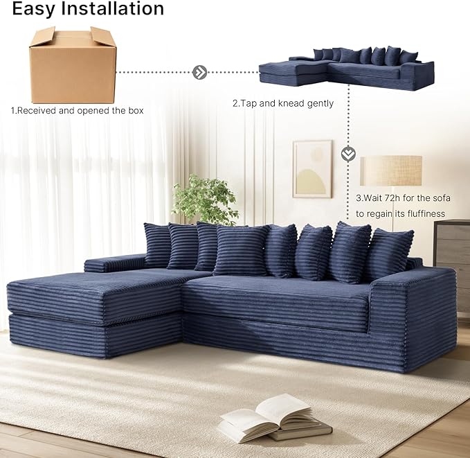 110 Boneless Couches for Living Room Cloud Modular Sectional Sofa Bed Customizable Convertible Sleeper Sofa Plush Corduory Folding Futon Floor Couch No Assembly(BlueLeft)