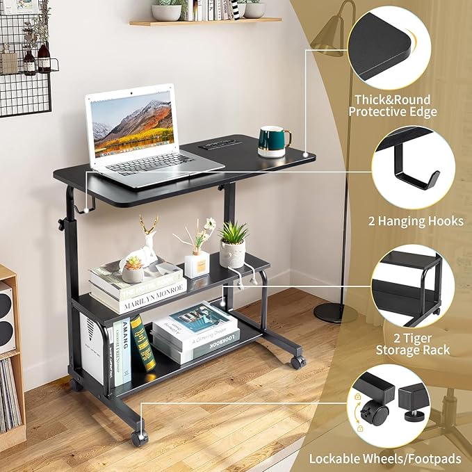 Karl home 31.5 Portable Rolling Desk on WheelsHeight Adjustable Standing Desk with 2 AC Outlets/3 USB PortsMobile Laptop Table with Hooks and Storage Shelves for Home OfficeBlack