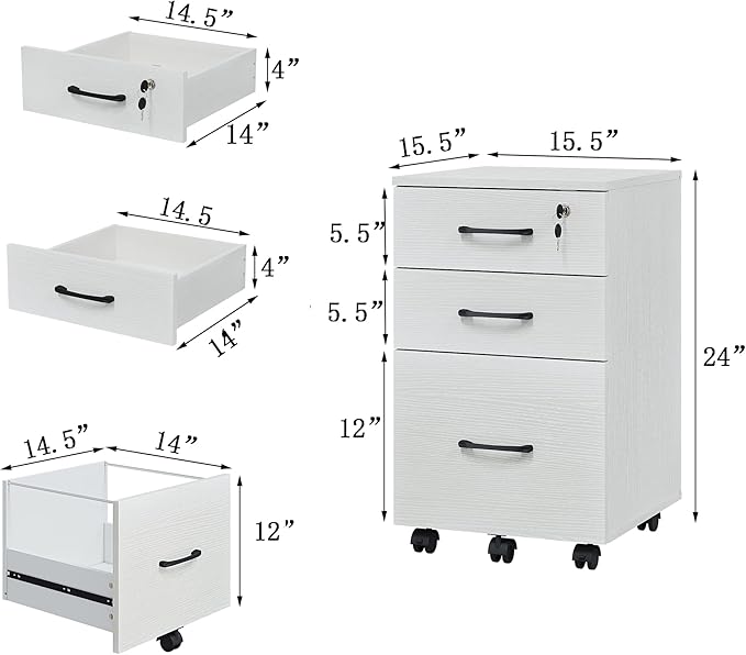 3 Drawers Wooden Locking File Cabinet with Storage Removable File Cabinet for Home OfficeUnder Desk Filing Cabinets(White)