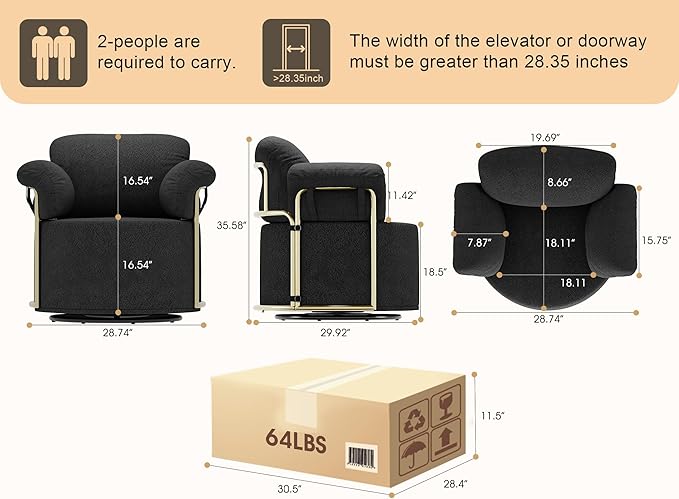 Swivel Accent Chair 360 Degree Swivel Barrel Chair Upholstered Comfy Reading Chair for Living Room Bedroom Apartment Small Space Seating with Supportive Foam Spring Cushion Black