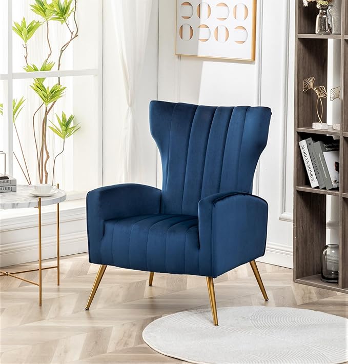 Modern Velvet Accent Chair Channel Tufted Bedroom Office or Living Room Furniture with Elegant Metal Legs 26 Wide Armchair Blue