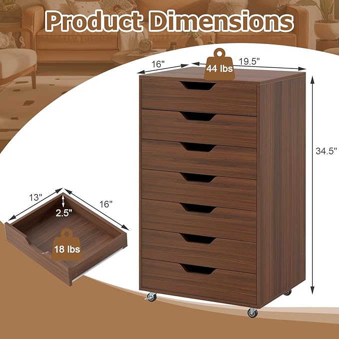 7 Drawers Filing Cabinet Vertical File Cabinet for Home Office Mobile Under Desk Office Storage Cabinets with Wheels (Walnut)
