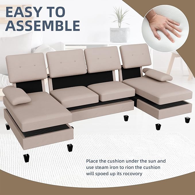 Walsunny Sectional Couches for Living Room Convertible U-Shaped Sofa Couch with Double Chaise 4 Seat Sofa Set Modular Sectional Sofa for Living Room Apartment Bedroom Dark Kahki