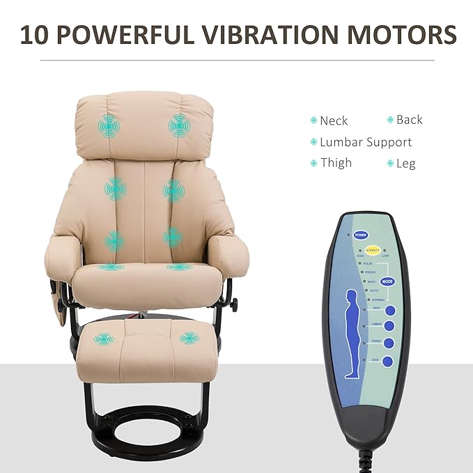 HOMCOM Massage Recliner Chair with Ottoman 360° Swivel Recliner and Footstool 10 Point Vibration PU Leather Reclining Chair with Side Pocket and Remote Control Beige