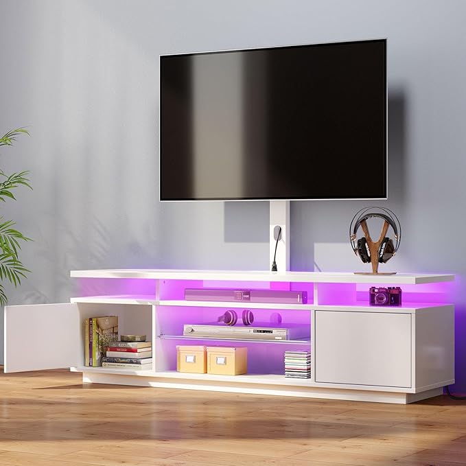 Rolanstar TV Stand with Mount and Power Outlet 51.2 Swivel TV Stand Mount for 32/45/55/60/65/70 inch TVs Height Adjustable Modern Entertainment Center with Storage &amp LED Lights TV Table White