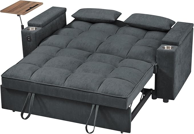 65'' Convertible Sleeper Sofa Bed with Adjustable Backrest Chaise Lounge Side Table &amp USB/Type-C Ports – Stylish &amp Functional Addition to Any Living Room (Drak Grey)