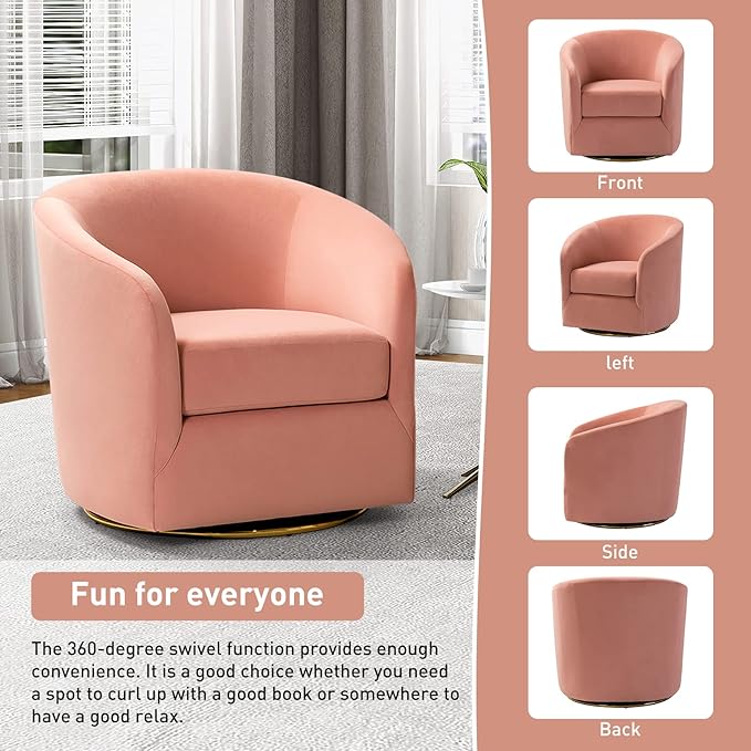 HULALA HOME Swivel Accent Chair with Gold Metal Base Set of 2 Contemporary Velvet Curved Swivel Barrel Chair Upholstered Club Armchair Leisure Single Sofa for Living Room Nursery Bedroom(Pink)