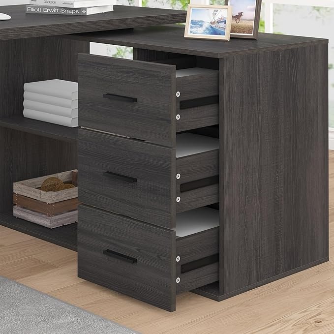 HSH L Shaped Desk with Drawers Shape Computer Storage Cabinet Shelves Reversible Modern Industrial Home Office Corner Desk Rustic Wood Executive Writing Gaming Study Table Gray 55 Inch