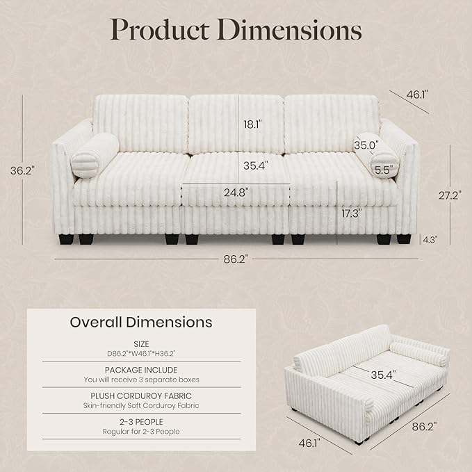 Belffin Plush Corduory Sectional Sleeper Sofa with Wide Deep Seat Modular Sectional Cloud Couches for Living Room. Beige Couch