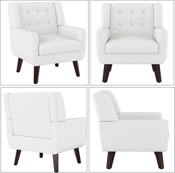 Linen Fabric Living Room Chairs Accent Chair Mid Century Modern Armchair for Living Room Bedroom Button Tufted Upholstered Comfy Reading SofasVanity Chair (1 Beige)