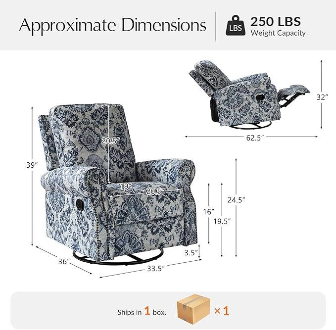 HULALA Home Modern Rocker Recliner Printed Fabric Swivel Glider with Adjustable Backrest &amp Footrest Comfy Upholstered Manual Recliner Chair Home Theater Singe Sofa for Bedroom Living Room Damas