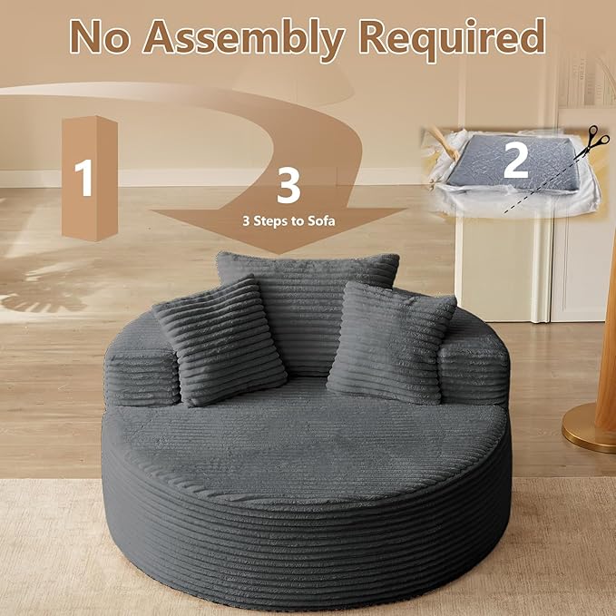 Oversized Round Chair Lounge Chaise Indoor Upholstered Corduroy Deep Seat Cloud Large Circle Sofa Chair No Assembly Required Fluffy Modern Sleeper Sofa Bed for Reading Living Room Bedroom Gray