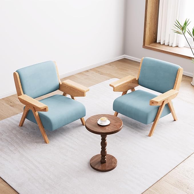 Accent Chair Mid Century Modern Chair Velvet Upholstered Lounge Arm Chair with Solid Wood Cozy Reading Chair for Living Room Bedroom Balcony (Blue Single Chair)