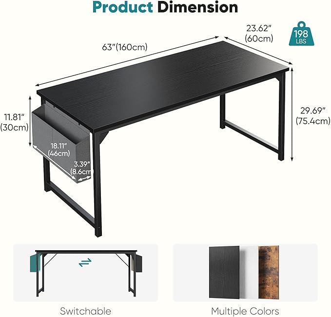 OLIXIS Computer Desk 63 Inch Home Office Desks for Small Spaces Gaming Writing Study Work Table with Storage Bag for Bedroom Black