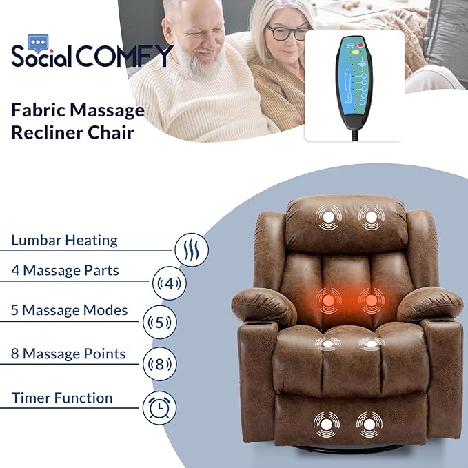 Manual Swivel Glider Rocker Recliner Chair with Heated Massage 360° Swivel Overstuffed Reclining Chair with 2 Cup Holders Side Pockets &amp USB Ports for Living Room Brown