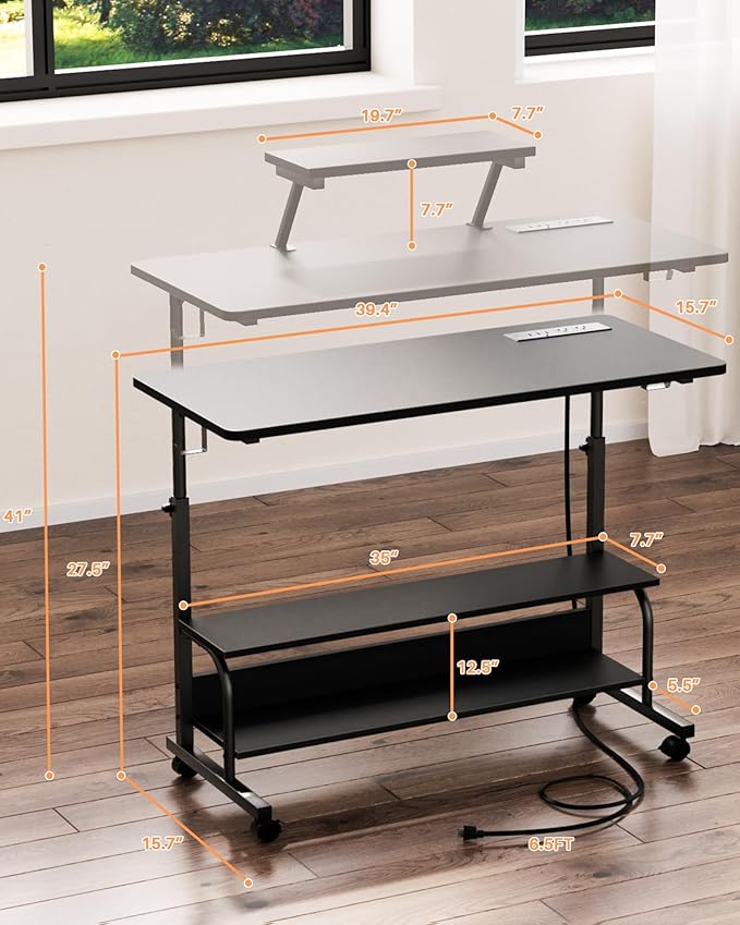 Height Adjustable Standing Desk with Power Outlets and LED Lights - 39 Manual Stand Up Desk with Monitor Stand and Storage Shelves Small Mobile Rolling Computer Desk Portable Laptop Table Black