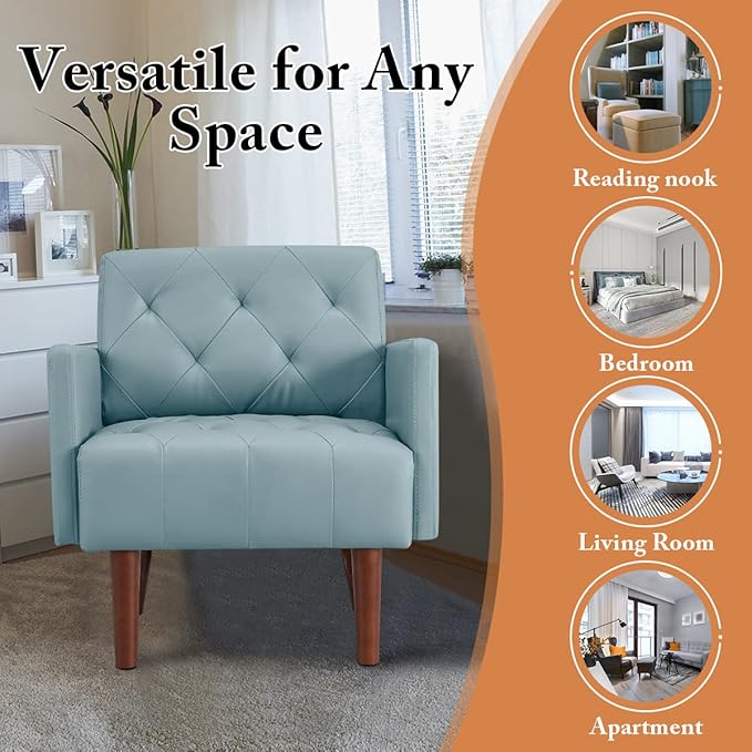 PU Leather Accent Chair Mid Century Modern Armchair for Living Room Reading Tufted Chair Single Sofa High-Density Foam Cushion Solid Wood Legs for Home Bedroom Office Reception(Blue)