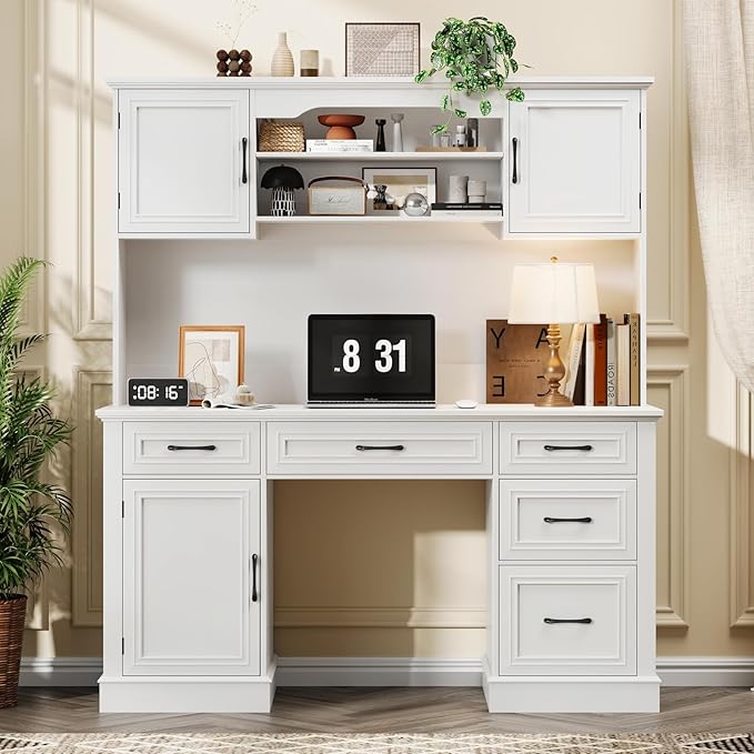 67H Farmhouse Executive Desk with Hutch.Wood Workstation with 5 Drawers Storage Cabinet File Drawers and Charging Station Ideal as Office Desks Computer Desk for Home Office and Study.Cream White
