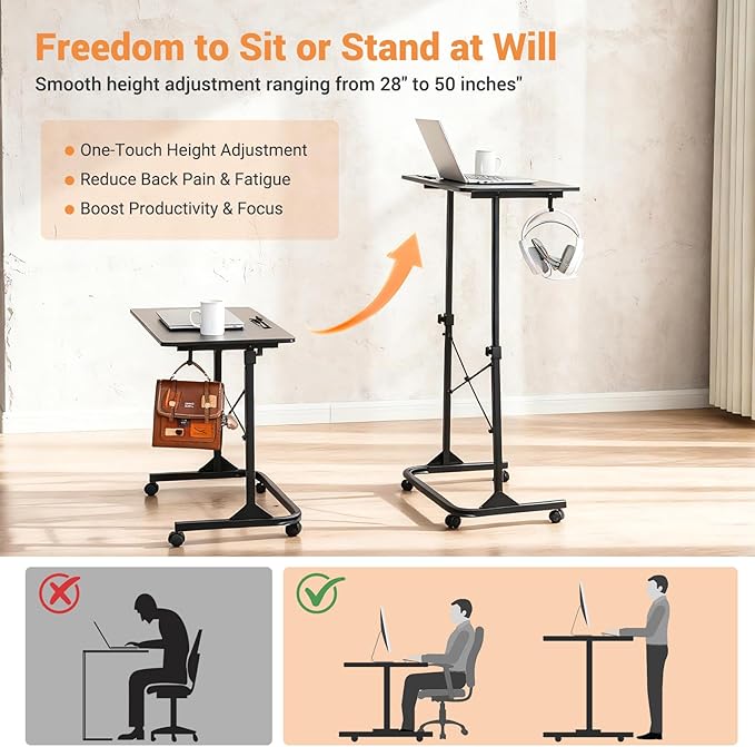 Treadmill Desk Adjustable Height (28-49 Inch) Rolling Standing Desk with Wheels Portable Laptop Table for Walking Pad Spin Bike &amp Exercise Bike 31x16 inch Mobile Workstation for Home Office