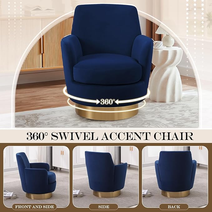 SLEERWAY 360° Swivel Barrel Chair Set of 2 28.3 Modern Velvet Round Accent Chair Comfy Upholstered Small Armchair with Gold Metal Base for Living Room Bedroom Nursery Office Sillas para Sala Navy