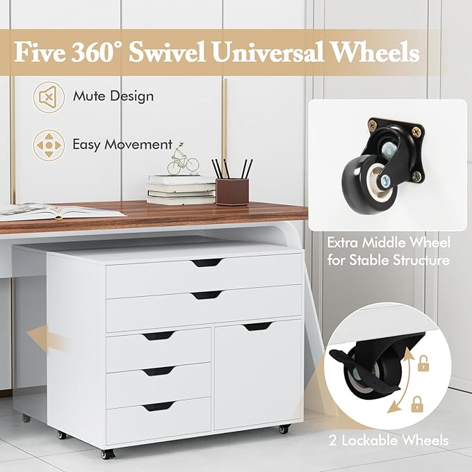 MAT EXPERT 5-Drawer Mobile File Cabinet w/Door Lateral Filing Cabinet w/5 Universal Wheels Rolling File Cabinets with Storage Modern Wood Printer Stand for Home Office Living Room Study (White)
