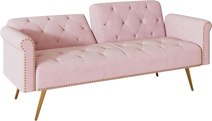 Convertible Futon Sofa Bed  Adjustable Sleeper Couch Modern Velvet Tufted Recliner Reversible Loveseat Folding Daybed Guest Bed Sofacama w/ Nailhead Trim and Golden Metal Legs for Living Room Office