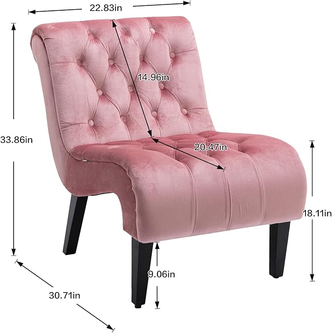 Yoluckea Modern Upholstered Accent Chair S-Shape Armless Lounge Chair for Bedroom Living Room Comfy Velvet Chaise Chairs with Button Tufted Back and Solid Wood Legs Pink