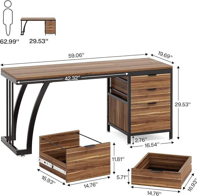 Tribesigns 59 Inch Computer Desk with 3 Drawers Industrial PC Desk Study Writing Table Workstation with File Storage Home Office Desks with Large Desktop and Metal Frame (Walnut)