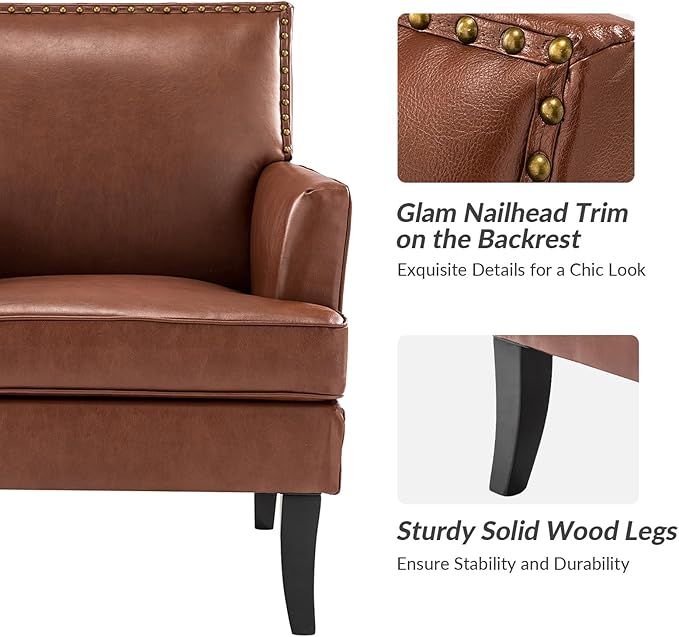 HULALA HOME Modern Faux Leather Accent Chair Comfy Upholstered Sofa Chair with Nailhead Trim Living Room Bedroom Armchair with Wood Legs Brown
