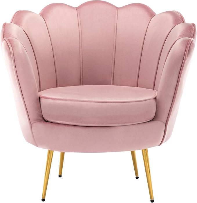 DAGONHIL Mid Century Modern Upholstered Accent ChairPetal Vanity ChairRetro Leisure Velvet Single Sofa with Golden Metal Legs for Living Room/Bedroom(Light Pink)