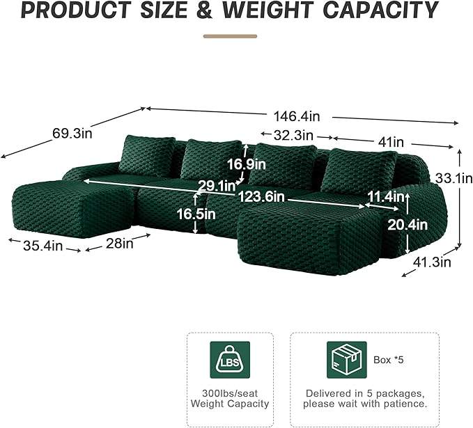146 Boneless Couches for Living Room Oversized U-Shaped Couch with Buckle Connection Anti-Slip Design Flannelette Fabric Modular Sectional Sofa with Deep Seat (Green 4 Seat + 2 Ottoman)